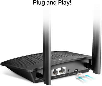 TP-Link 4G LTE Router 150Mbps Wifi N 300Mbps TL-MR100, 4G Modem, 4G Box, 2 x SMA for External Antenna, 2 Ethernet Ports, Removable Antennas, Compatible with Any Operator