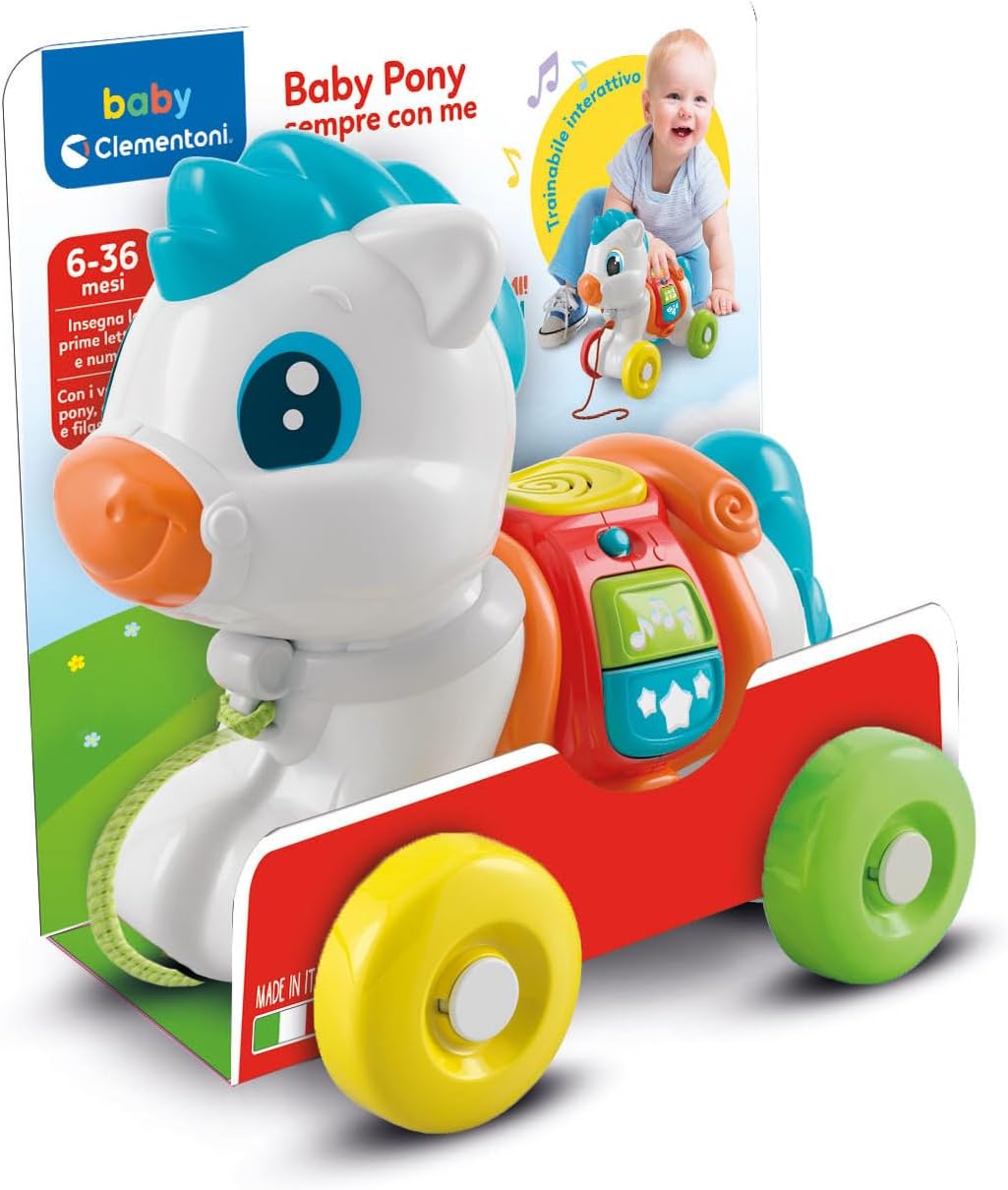 Clementoni 17776 Baby Pony Always with Me-Interactive Towing, Animal to Pull, Motor Game, First Steps, Learning to Walk, Kids 6 Months-Made in Italy, English Towable Pony