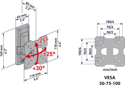 Meliconi CME ETR 100 TV support, Tiltable, for TVs up to max 25 '', Vesa 50 - 75 - 100 mm, Black