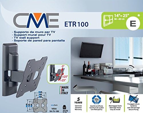 Meliconi CME ETR 100 TV support, Tiltable, for TVs up to max 25 '', Vesa 50 - 75 - 100 mm, Black