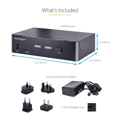 StarTech.com USB C KVM Switch, 2 Port DisplayPort KVM w/ 4K 60Hz UHD HDR Video, 3.5mm Audio, 4x USB HID and 2x USB A 3.2 Gen 1 5Gbps Hub, Hot Key Switching, Thunderbolt 3/4 Compatible (SV231DPUCA