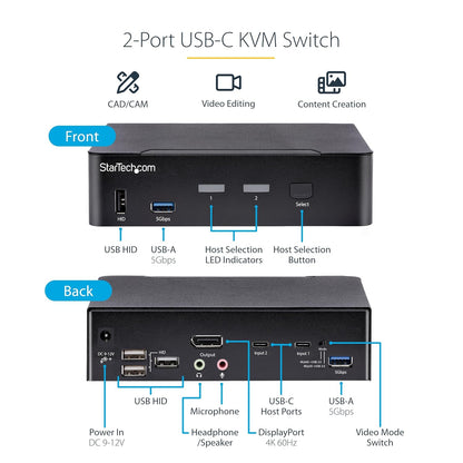StarTech.com USB C KVM Switch, 2 Port DisplayPort KVM w/ 4K 60Hz UHD HDR Video, 3.5mm Audio, 4x USB HID and 2x USB A 3.2 Gen 1 5Gbps Hub, Hot Key Switching, Thunderbolt 3/4 Compatible (SV231DPUCA