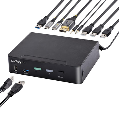 StarTech.com USB C KVM Switch, 2 Port DisplayPort KVM w/ 4K 60Hz UHD HDR Video, 3.5mm Audio, 4x USB HID and 2x USB A 3.2 Gen 1 5Gbps Hub, Hot Key Switching, Thunderbolt 3/4 Compatible (SV231DPUCA