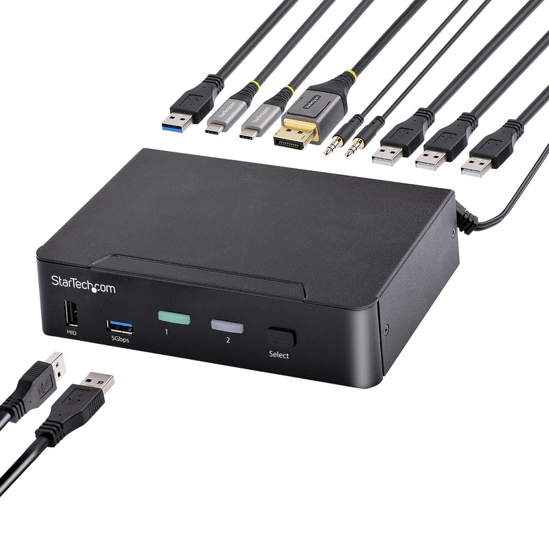 StarTech.com USB C KVM Switch, 2 Port DisplayPort KVM w/ 4K 60Hz UHD HDR Video, 3.5mm Audio, 4x USB HID and 2x USB A 3.2 Gen 1 5Gbps Hub, Hot Key Switching, Thunderbolt 3/4 Compatible (SV231DPUCA