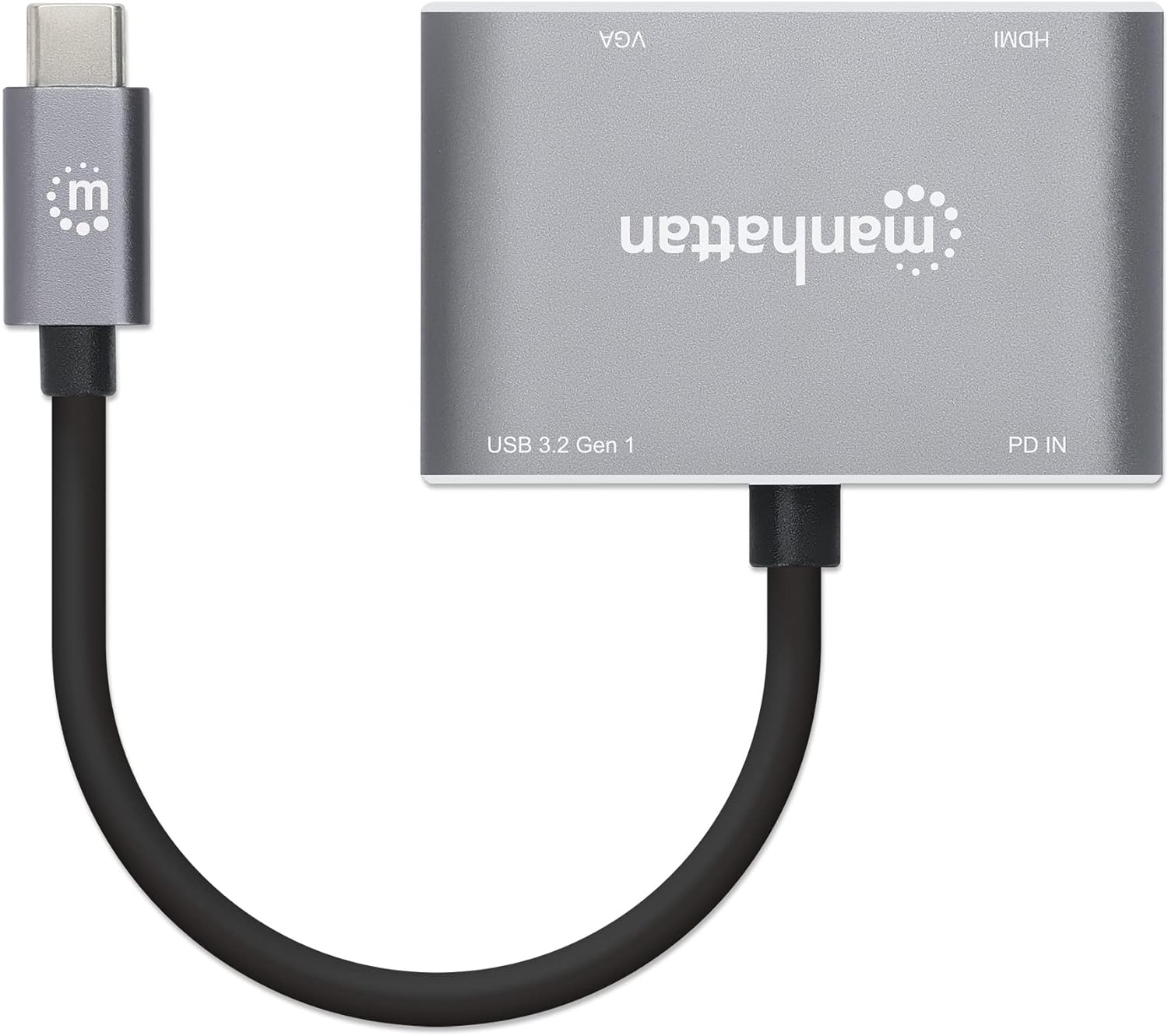 Manhattan USB-C Dock/Hub, Ports (X4): Hdmi, USB-A, USB-C and Vga, W128292027 (Hdmi, USB-A, USB-C and Vga, with Power Delivery (87W) To USB-C Port (Note Add USB-C Wall Charger and USB-C