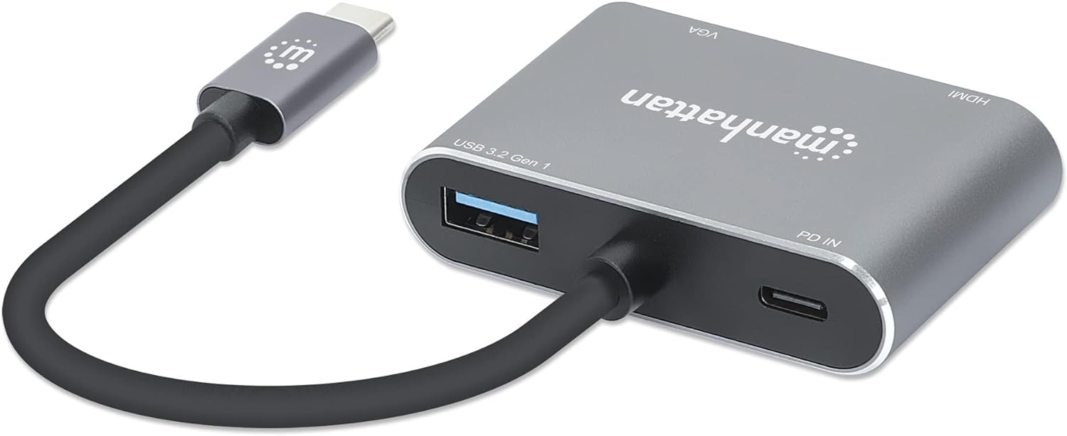Manhattan USB-C Dock/Hub, Ports (X4): Hdmi, USB-A, USB-C and Vga, W128292027 (Hdmi, USB-A, USB-C and Vga, with Power Delivery (87W) To USB-C Port (Note Add USB-C Wall Charger and USB-C