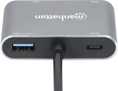 Manhattan USB-C Dock/Hub, Ports (X4): Hdmi, USB-A, USB-C and Vga, W128292027 (Hdmi, USB-A, USB-C and Vga, with Power Delivery (87W) To USB-C Port (Note Add USB-C Wall Charger and USB-C