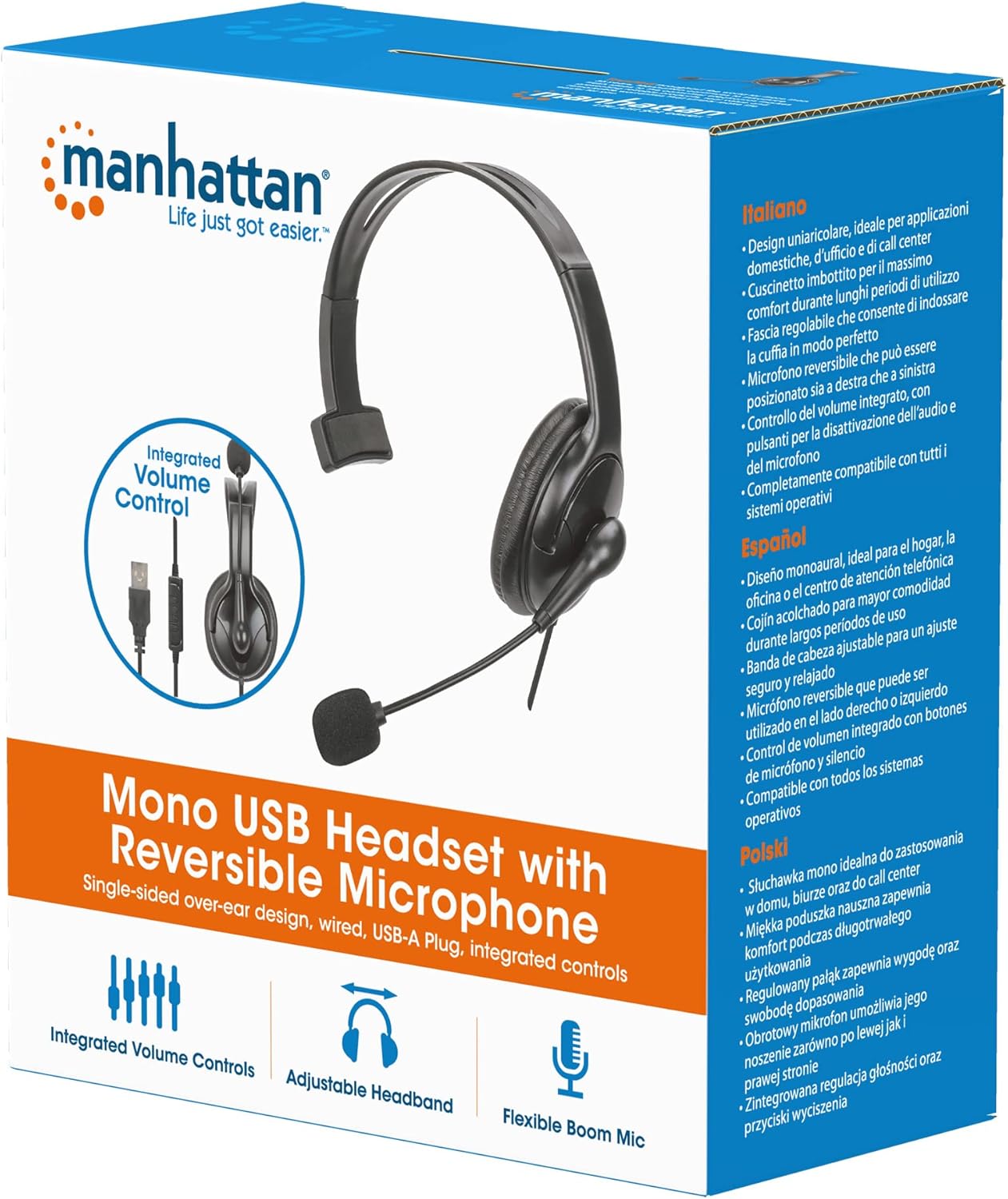 MANHATTAN Mono USB-Headset links / rechts tragbar