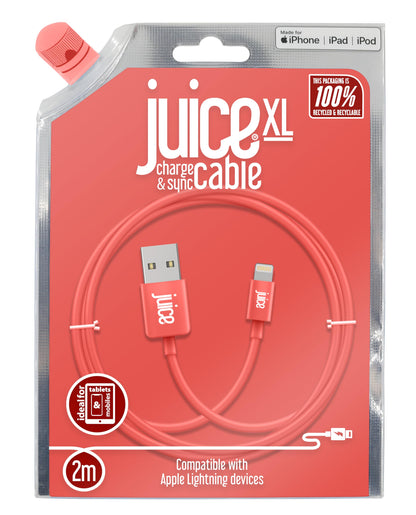 Juice XL 2m Apple Lightning Cable. USB to Lightning iPhone Charger Cable, MFI Certified Apple Charger Cable. Long, Durable iPad Charger Cable & iPhone Cable (Coral