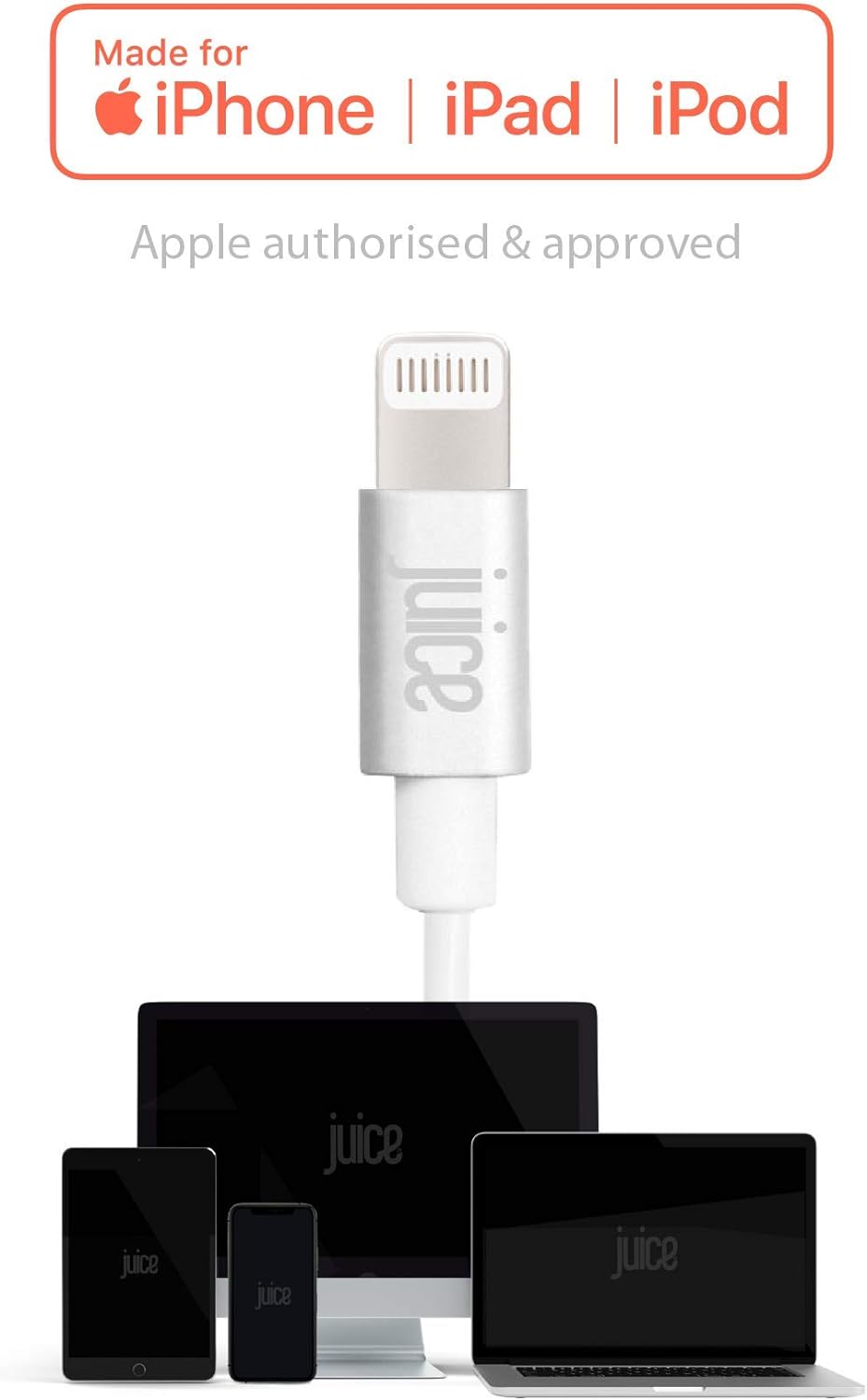 Juice XL 2m Apple Lightning Cable. USB to Lightning iPhone Charger Cable, MFI Certified Apple Charger Cable. Long, Durable iPad Charger Cable & iPhone Cable (Coral