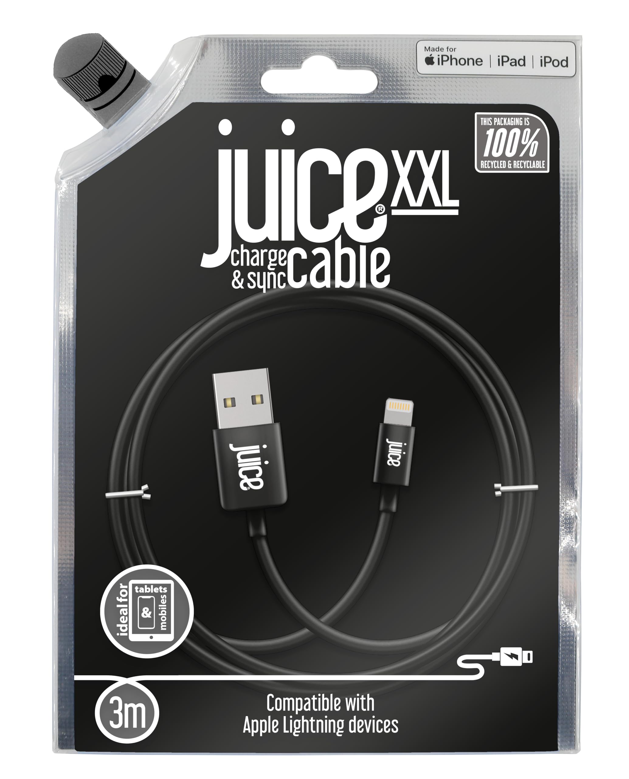 Juice XXL 3m Apple Lightning Cable. USB to Lightning iPhone Charger Cable, MFI Certified Apple Charger Cable. Long, Durable iPad Charger Cable & iPhone Cable (Black
