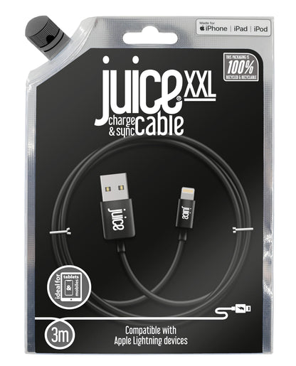 Juice XXL 3m Apple Lightning Cable. USB to Lightning iPhone Charger Cable, MFI Certified Apple Charger Cable. Long, Durable iPad Charger Cable & iPhone Cable (Black