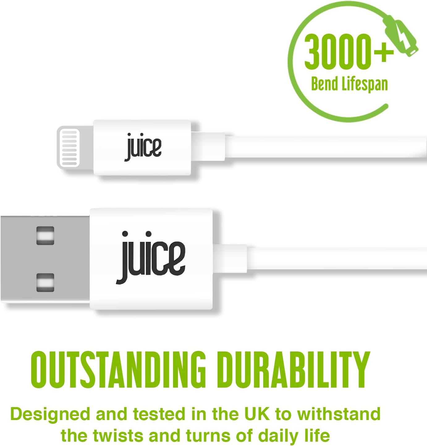 Juice Apple iPhone Lightning 3m Charger and Sync Cable for Apple iPhone 13, 13 Pro, 12, 12 Mini, SE, 11, XS, XR, X, 8, 7, 6, 5, iPad, Pro, Air, Mini, Airpods Pro