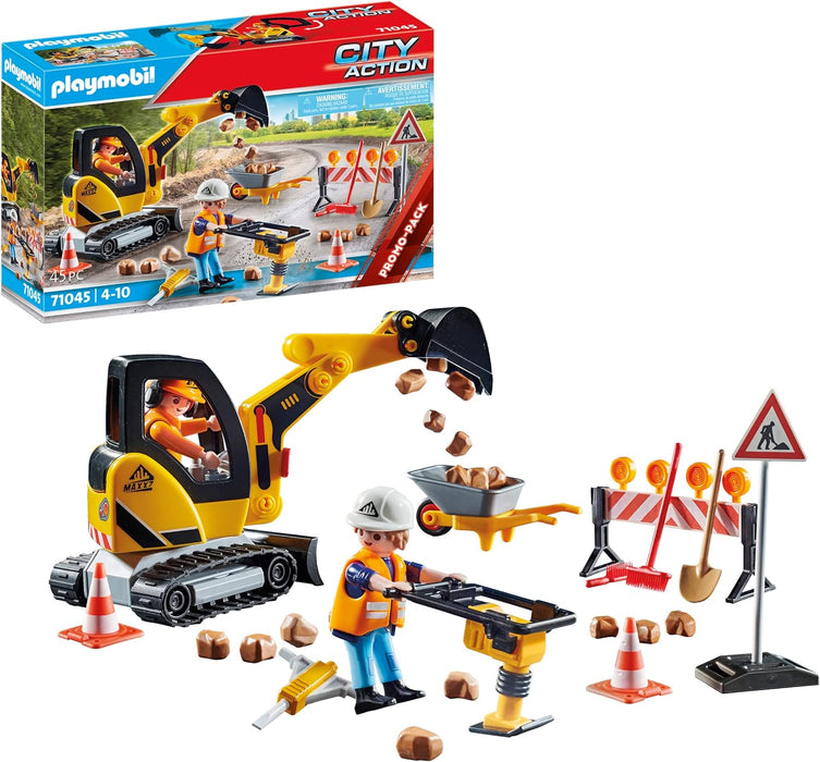 Playmobil 71045 Road Works Construction Zone Promo Pack, city life, construction, road works, road sweeper, building site, construction toys, digger, play-set suitable for ages 4+