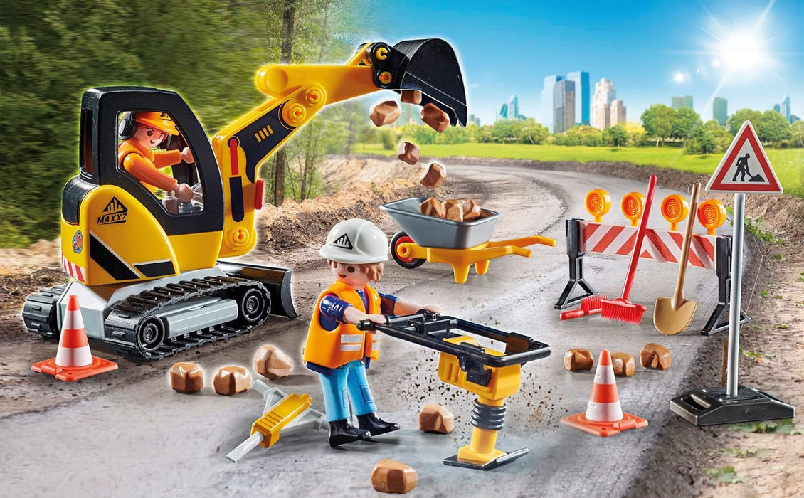 Playmobil 71045 Road Works Construction Zone Promo Pack, city life, construction, road works, road sweeper, building site, construction toys, digger, play-set suitable for ages 4+