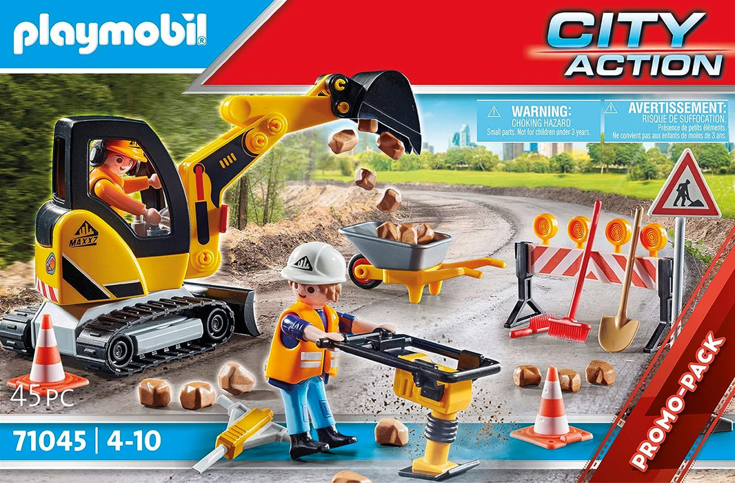 Playmobil 71045 Road Works Construction Zone Promo Pack, city life, construction, road works, road sweeper, building site, construction toys, digger, play-set suitable for ages 4+