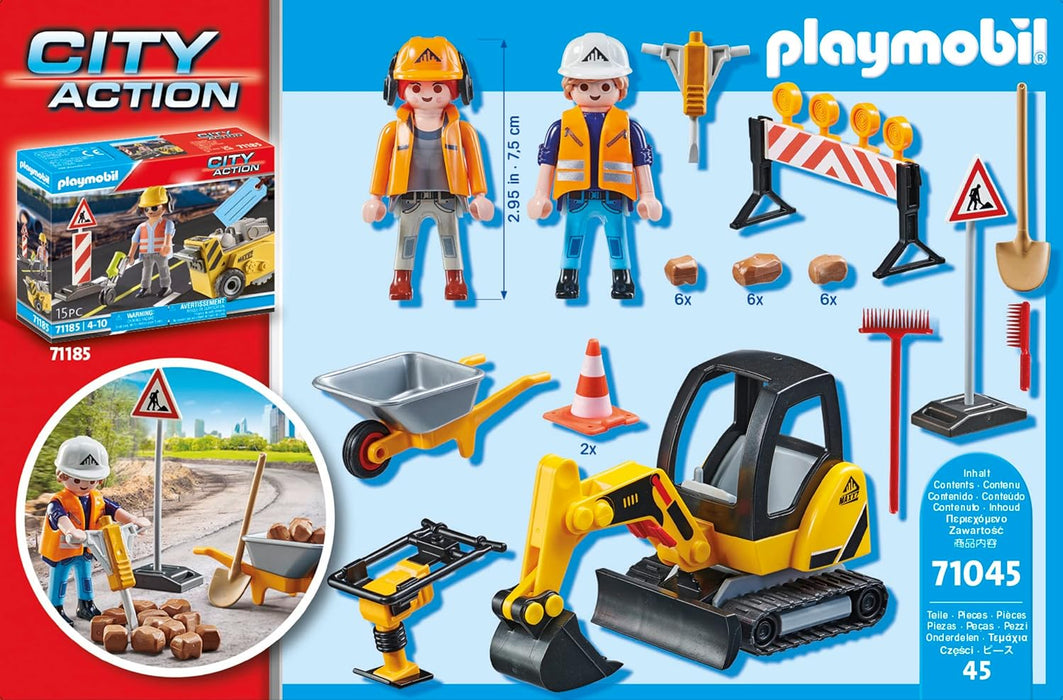 Playmobil 71045 Road Works Construction Zone Promo Pack, city life, construction, road works, road sweeper, building site, construction toys, digger, play-set suitable for ages 4+