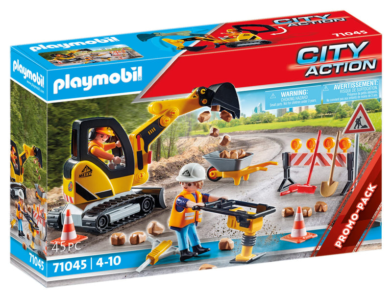 Playmobil 71045 Road Works Construction Zone Promo Pack, city life, construction, road works, road sweeper, building site, construction toys, digger, play-set suitable for ages 4+