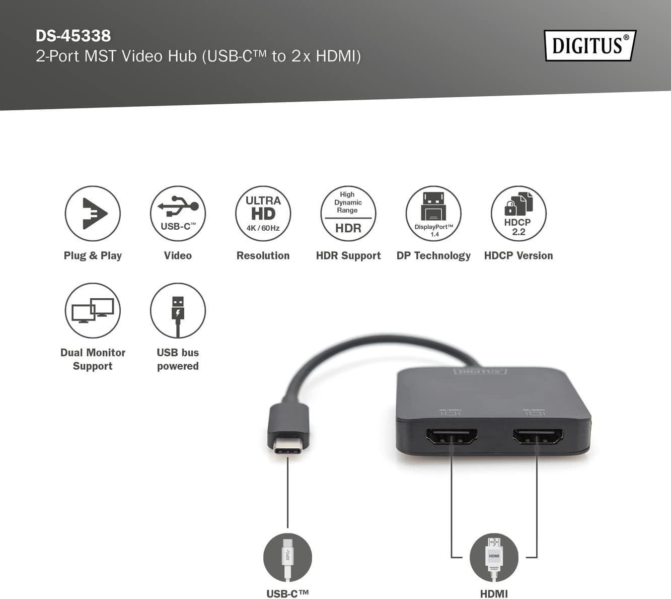 DIGITUS 2-Port MST Video Hub USB-C and 2x HDMI