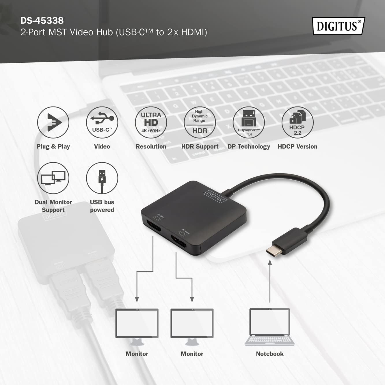 DIGITUS 2-Port MST Video Hub USB-C and 2x HDMI