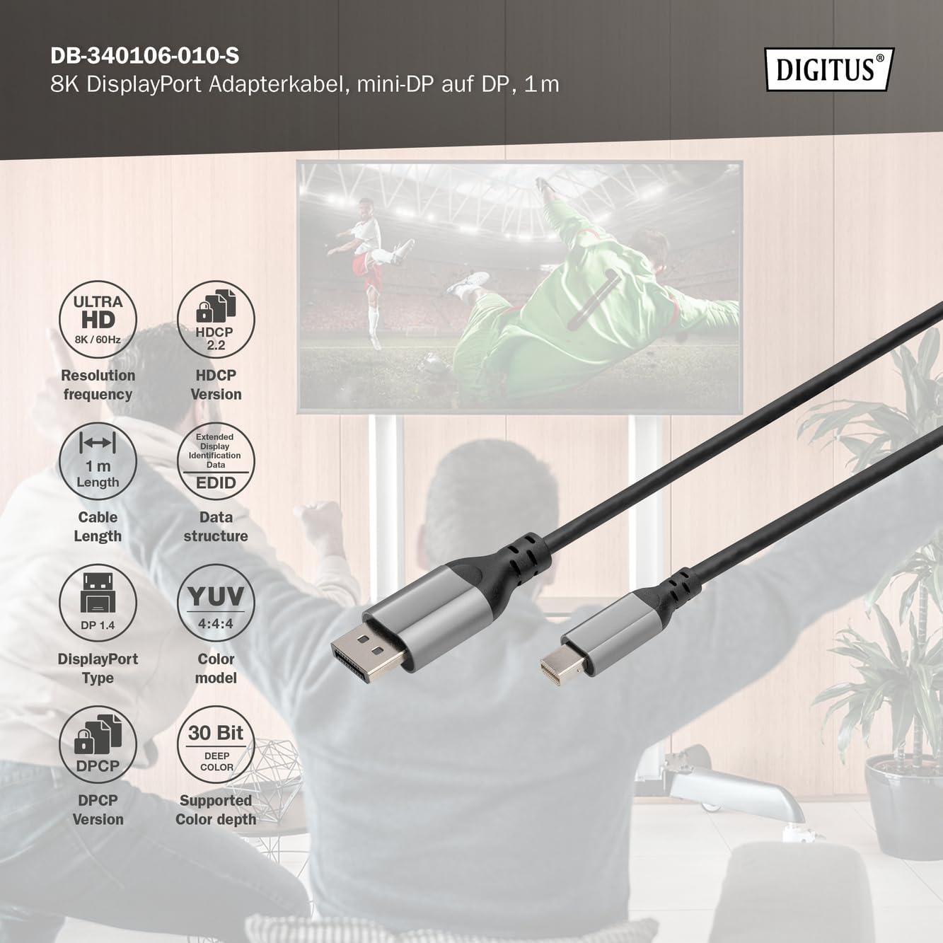 Digitus DisplayPort/Mini-DisplayPort Anschlusskabel DisplayPort Stecker, Mini DisplayPort Stecker 8K/60Hz - UHD-II - mini DP auf DP 1 m