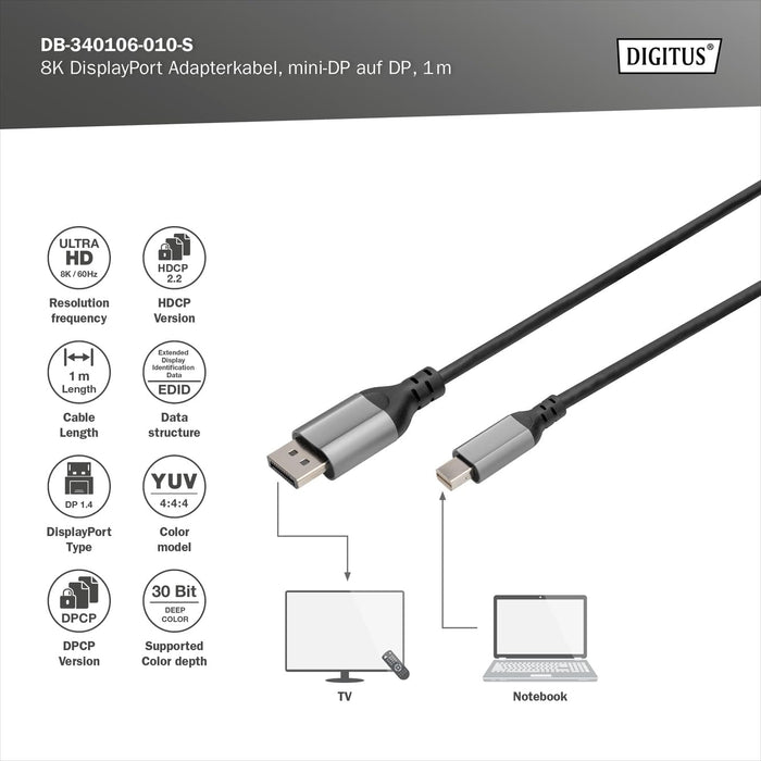 Digitus DisplayPort/Mini-DisplayPort Anschlusskabel DisplayPort Stecker, Mini DisplayPort Stecker 8K/60Hz - UHD-II - mini DP auf DP 1 m