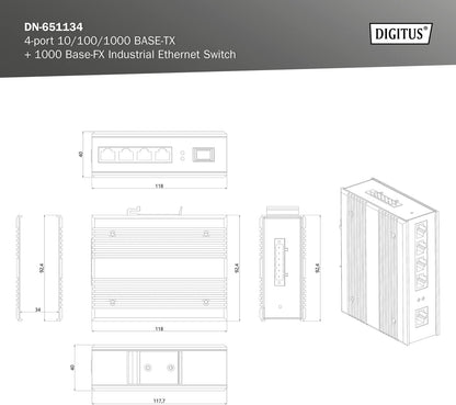 DIGITUS Network Switch - 4-Port Gigabit Ethernet - 1 SFP Uplinks - DIN-Rail Mounting - Terminal Block - Fanless - Black/Blue