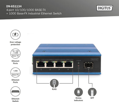 DIGITUS Network Switch - 4-Port Gigabit Ethernet - 1 SFP Uplinks - DIN-Rail Mounting - Terminal Block - Fanless - Black/Blue