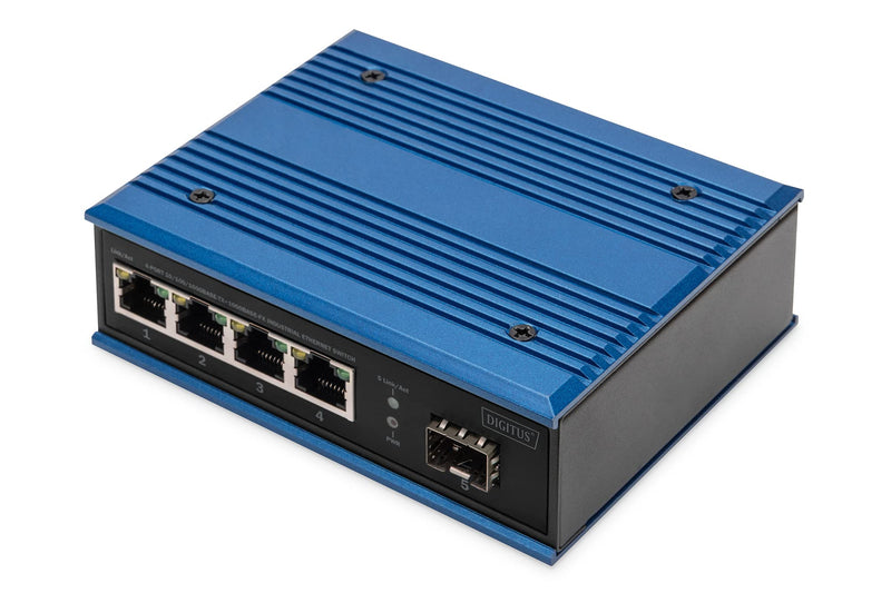 DIGITUS Network Switch - 4-Port Gigabit Ethernet - 1 SFP Uplinks - DIN-Rail Mounting - Terminal Block - Fanless - Black/Blue