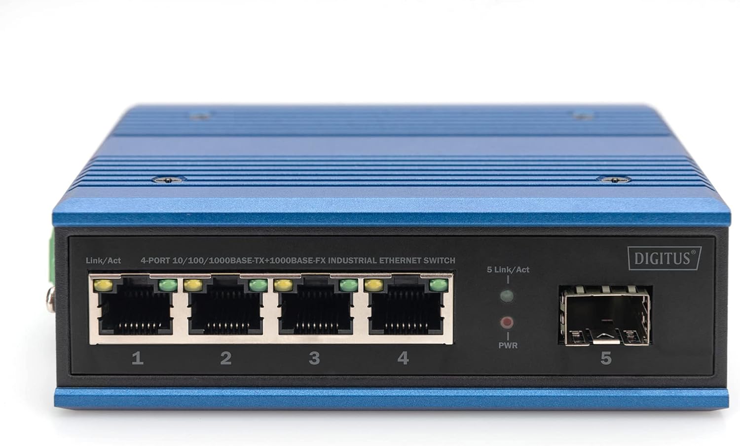 DIGITUS Network Switch - 4-Port Gigabit Ethernet - 1 SFP Uplinks - DIN-Rail Mounting - Terminal Block - Fanless - Black/Blue