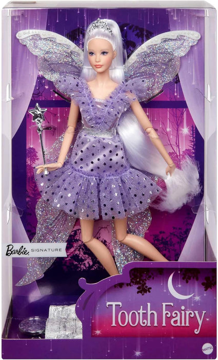 Barbie Signature Tooth Fairy Doll, Collectible Barbie Doll with Fairy Wings, Wand and Coin Bag, Gift for 6 Year Olds and Up, HBY16