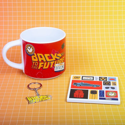 Back to the Future Tasse, Untersetzer und Schlüsselanhänger, Geschenkset 430 ml Fassungsvermögen, Keramik- und Korkuntersetzer und Schlüsselanhänger mit Metall-Logo