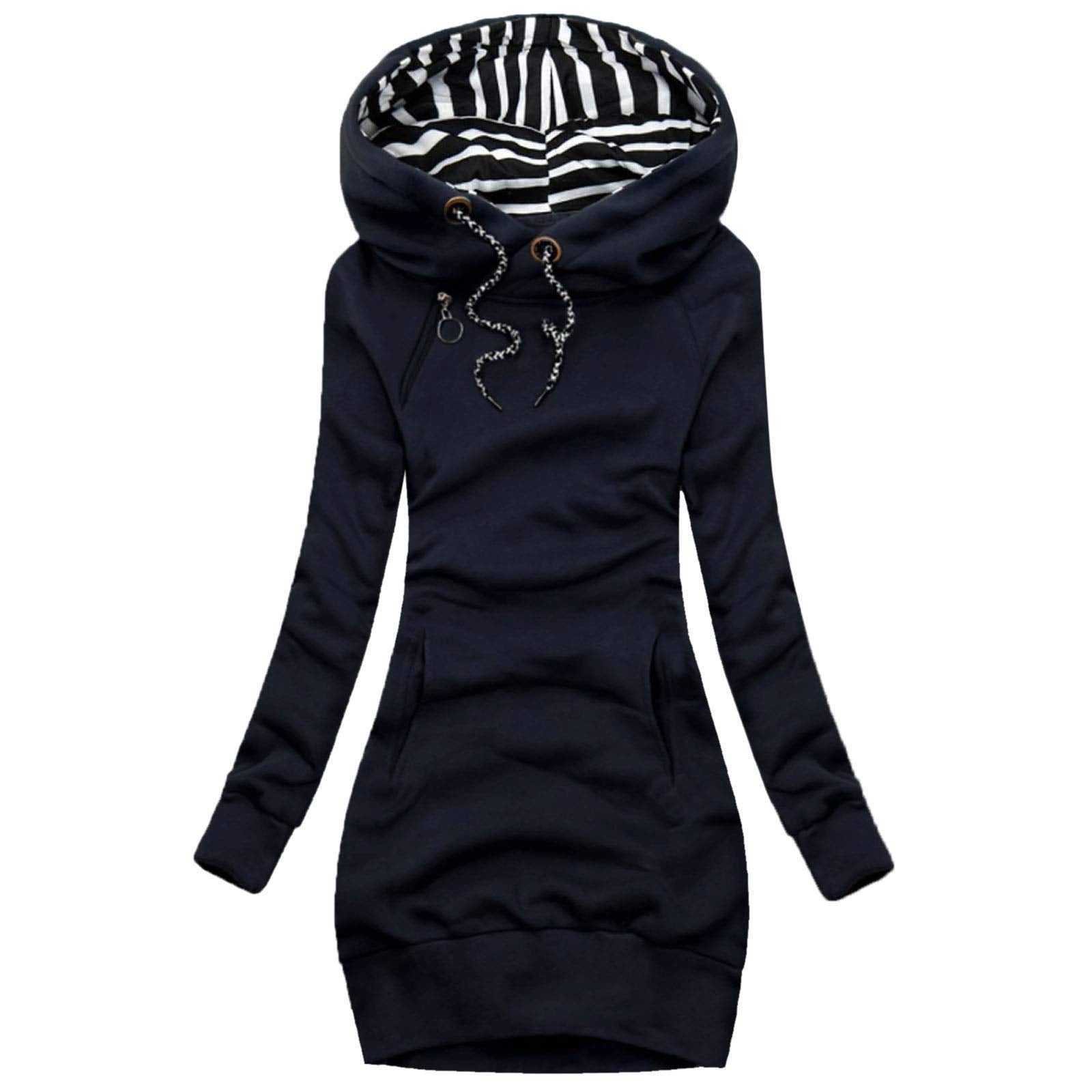 Berrykey Hoodies for Women, Funnel Neck Color Block Zip Up Tunic Sweatshirts Jackets Plus Size Long Hoodie Coat Dress