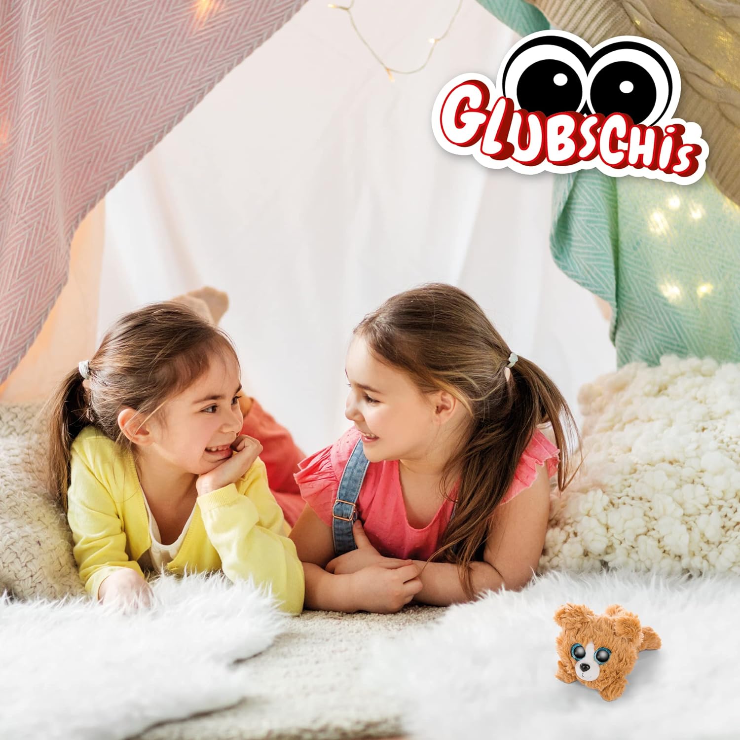 NICI 46923 Hund Original – Glubschis Dog Lollidog 15cm – Lying down stuffed animal with big, glittery Eyes – Fluffy soft cuddly toy lovers, 15 cm