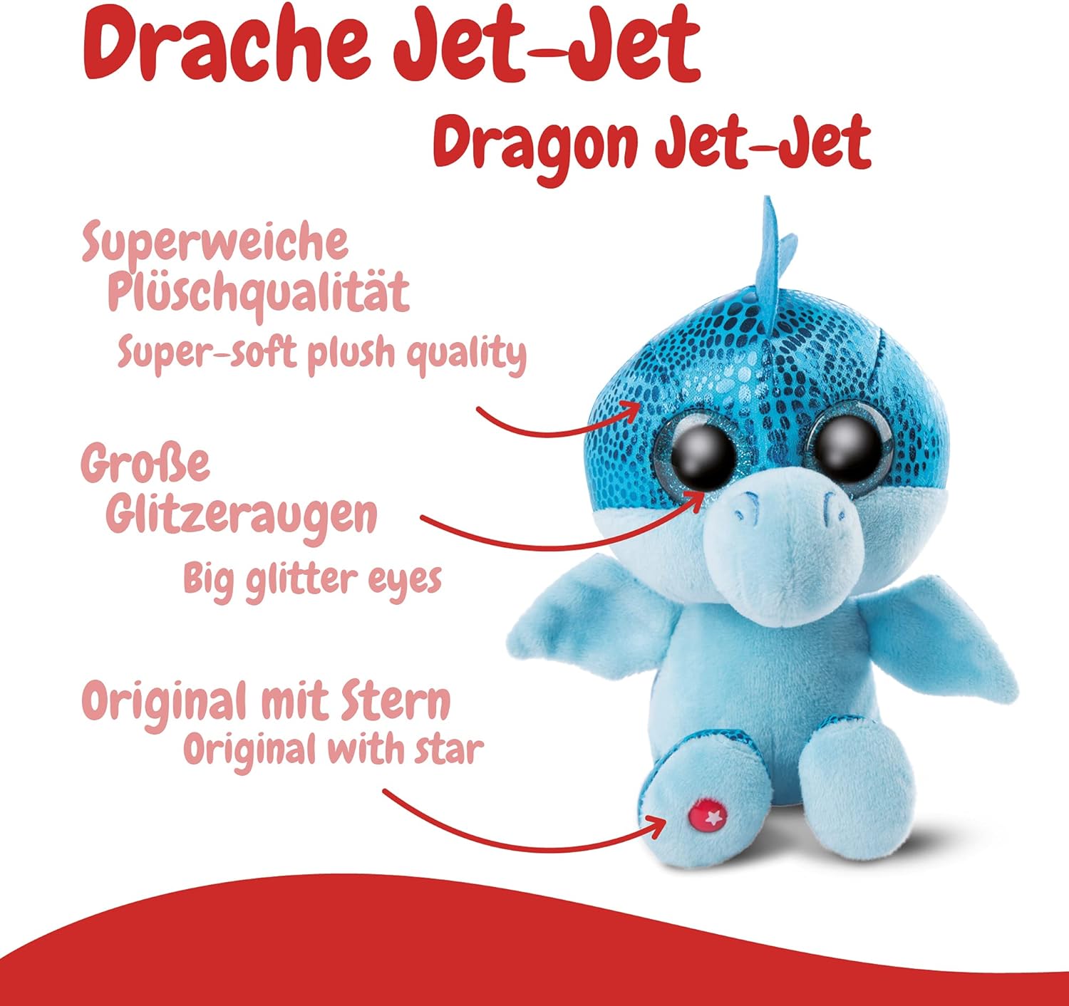 Nici 46932 Original-Glubschis Cuddly Dragon Jet 15 cm-Fluffy Soft Toys with Big Glittery Eyes-Plush Stuffed Animal for Cuddling & Playing, Blue, Bleu 15 cm Bleu