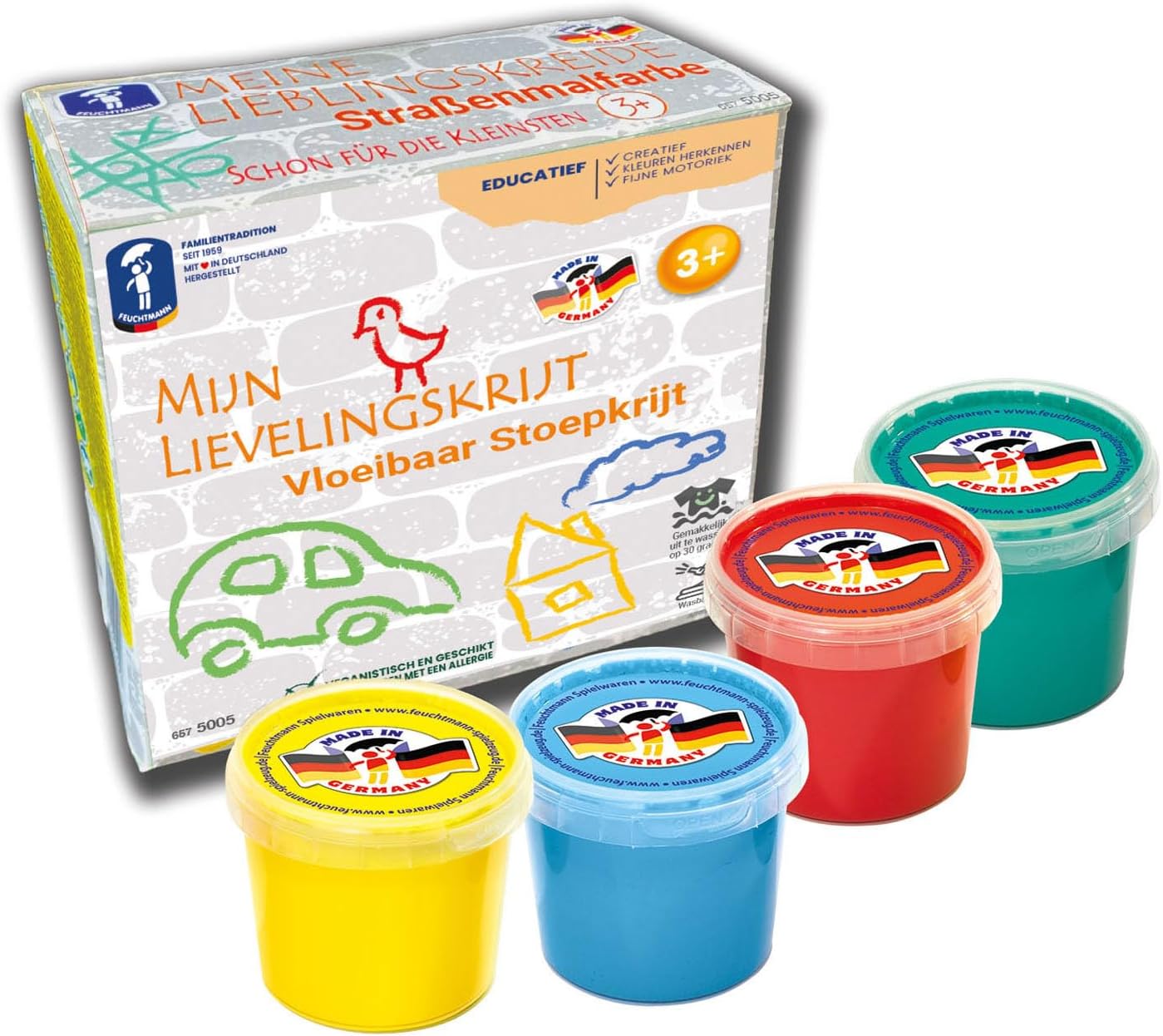 Feuchtmann 633.5005 – Mi Tiza Favorita, 4 latas de 120 g Cada una, Pintura líquida, Ideal, guardería, Escuela y Lugar para Jugar creativamente, Multicolor (657.5005