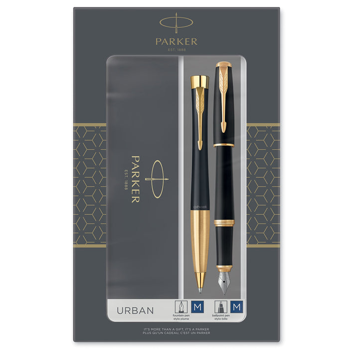 Parker Urban Duo Gift Set with Ballpoint Pen & Fountain Pen| Muted Black with Gold Trim | Blue Ink Refill & Cartridge