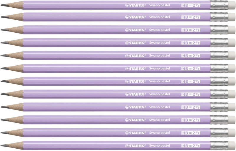 Graphite Pencil with Eraser - STABILO Swano Pastel - Pack of 12 - Lilac - HB