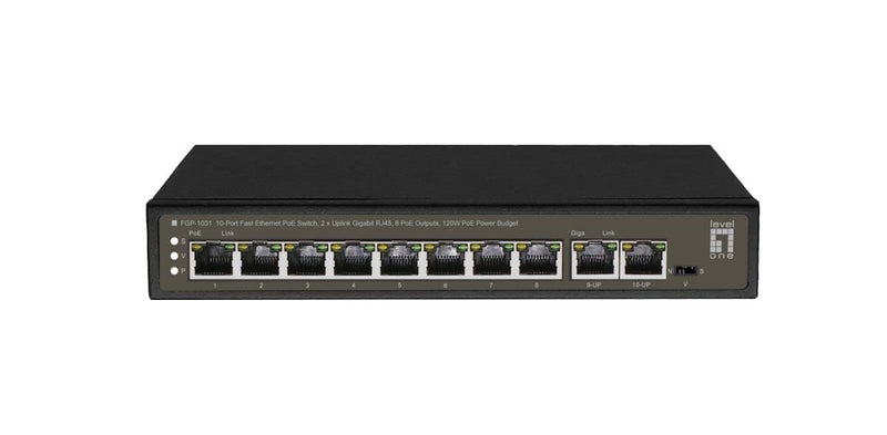 LevelOne FGP-1031 Fast-Ethernet-PoE-Switch mit 10 Ports, 2 x Uplink-Gigabit-RJ45, 8 PoE-Ausgänge, 120 W PoE-Leistungsbudget