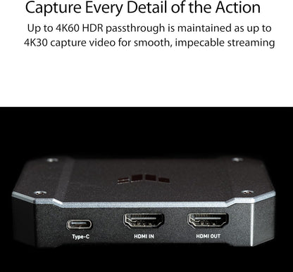 ASUS TUF Gaming Capture Card CU4K30 (4K60 HDR Passthrough, 4K30 Capture, USB C 3.2, Audio / Controller Inputs, Certified for OBS™, Ultra Low Latency, PS4 / PS4 Pro / PS5, Xbox One / Series X / S