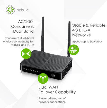 Zyxel 4G LTE-A 300Mbps Indoor Router with Nebula Cloud Management | Dual-Wan Failover| Share AC1200 WiFi to 32 devices | Plug and surf