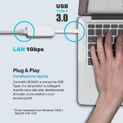 TP-Link UE300C USB-C to Ethernet Adapter, Gigabit Port 10/100/1000Mpbs, USB 3.0, Plug & Play, Ultra Compact, Compatible with Windows, MacOS, Linux, Chrome OS