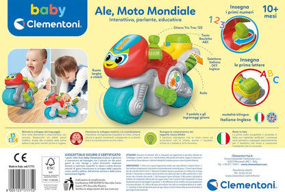 Clementoni Baby Ale Moto Mundial, Juego de Primera Infancia para niño a Partir de 10 Meses, estimula el Desarrollo Motor, el lenguaje y la comprensión de la Causa-Efecto, Fabricado en Italia, Idioma