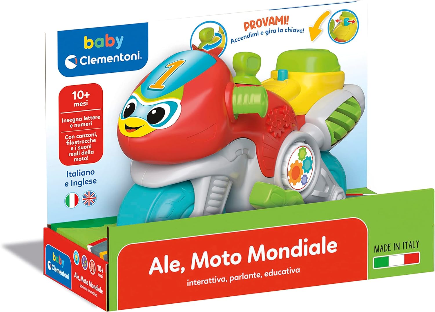 Clementoni Baby Ale Moto Mundial, Juego de Primera Infancia para niño a Partir de 10 Meses, estimula el Desarrollo Motor, el lenguaje y la comprensión de la Causa-Efecto, Fabricado en Italia, Idioma