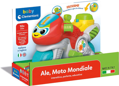 Clementoni Baby Ale Moto Mundial, Juego de Primera Infancia para niño a Partir de 10 Meses, estimula el Desarrollo Motor, el lenguaje y la comprensión de la Causa-Efecto, Fabricado en Italia, Idioma
