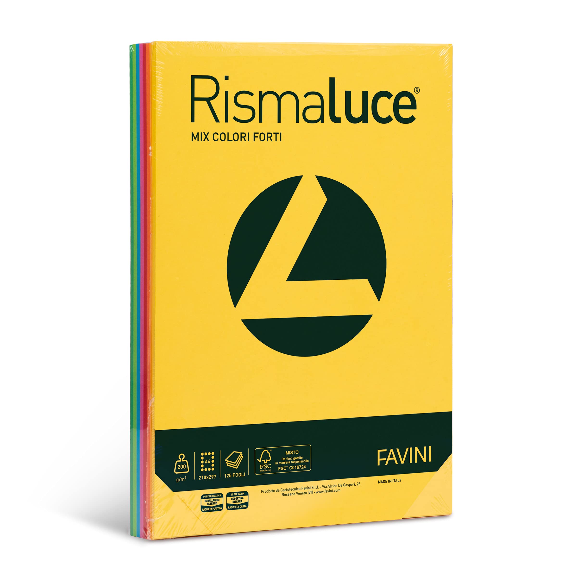 FAVINI - Carta RISMALUCE 200GR A4 125FG ASSORTITO in 8 Color