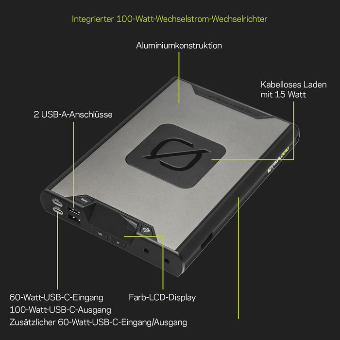 Goal Zero 100 AC Powerbank Wh 6400 mAh Flightsafe USB-C PD Wireless Charge Max 15watts Onboard Cabling System Go Pro 18 Recharges Phone 8 Tablet 3 x Laptop 1.5 x, 22210, Black