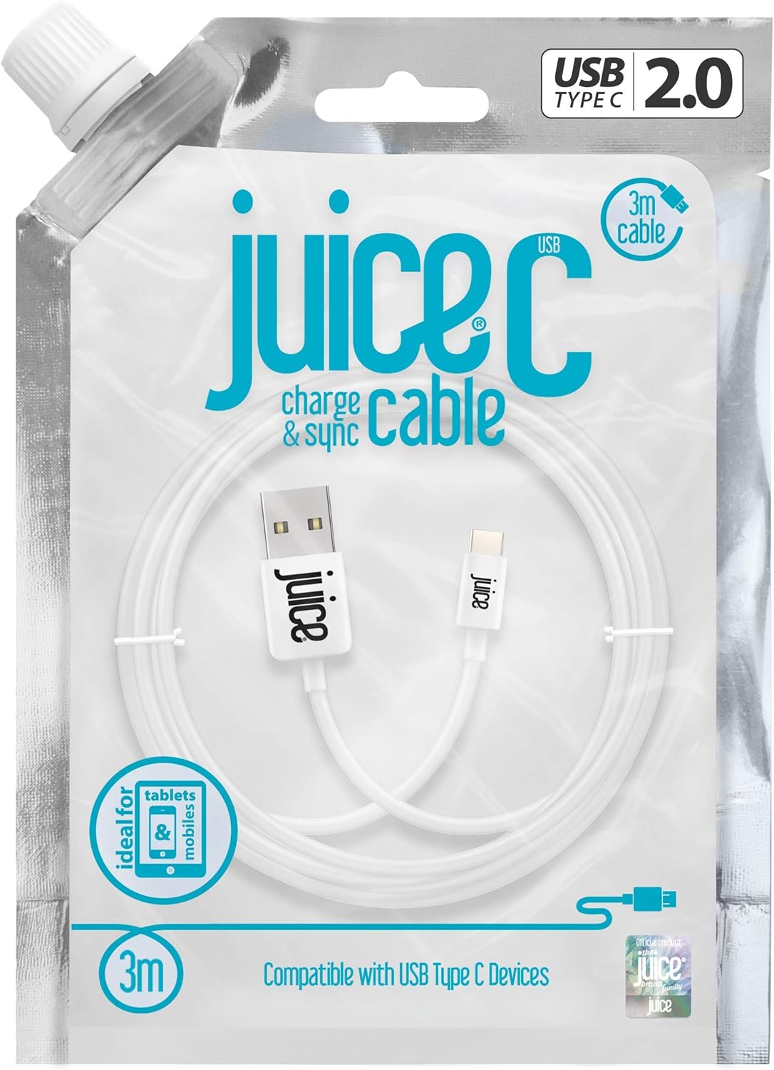 Juice USB Type C 3m Charger and Sync Cable for Samsung Galaxy S20, S10, S9, S8, S20 Plus, Huawei P30, P20, Sony, Apple Ipad 2020, Pro 2020, Air 2020