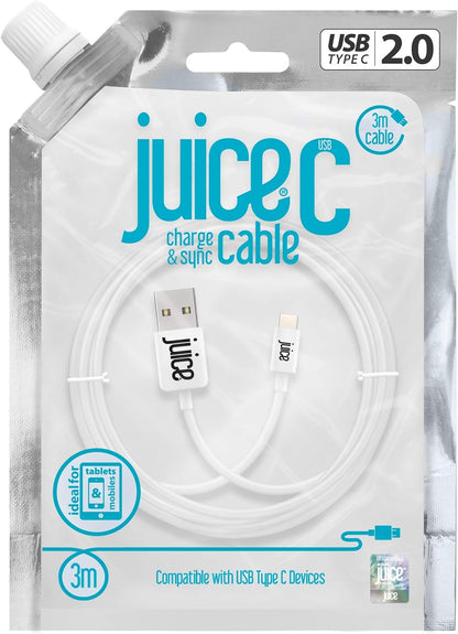 Juice USB Type C 3m Charger and Sync Cable for Samsung Galaxy S20, S10, S9, S8, S20 Plus, Huawei P30, P20, Sony, Apple Ipad 2020, Pro 2020, Air 2020