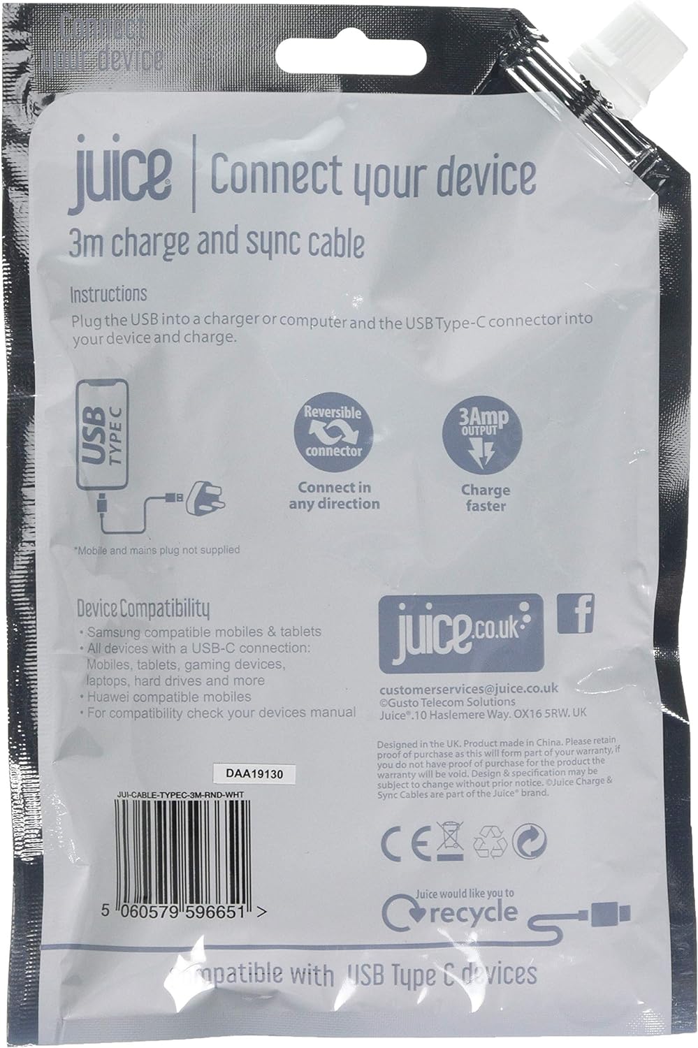 Juice USB Type C 3m Charger and Sync Cable for Samsung Galaxy S20, S10, S9, S8, S20 Plus, Huawei P30, P20, Sony, Apple Ipad 2020, Pro 2020, Air 2020